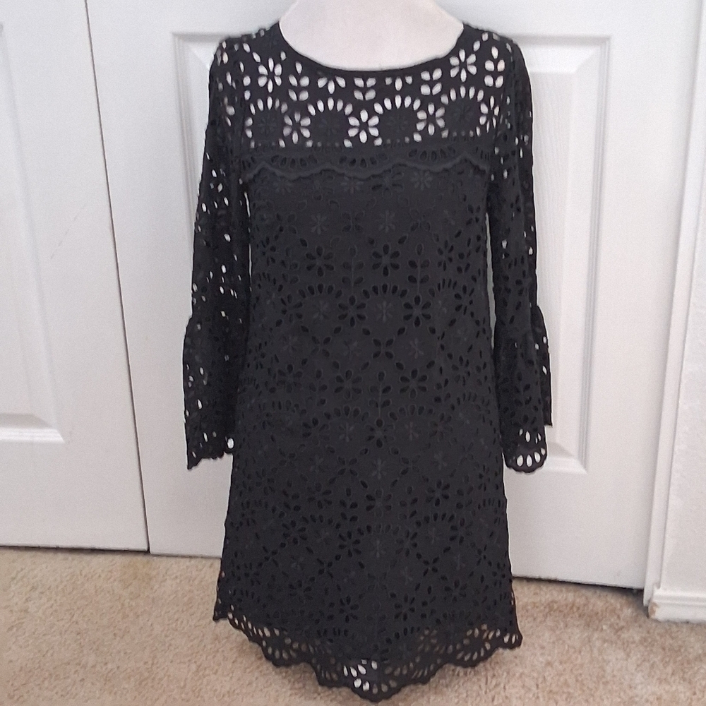 J. Crew Black Eyelet Sheath Dress With Bell Sleeves Size 4p